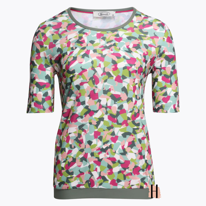 T-Shirt met Dessin van Roze en Groene Figuren