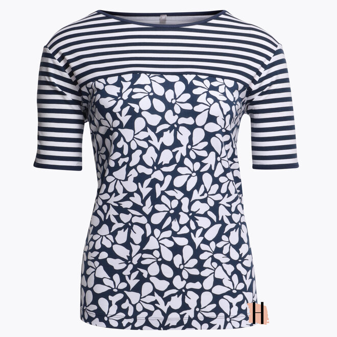 T-Shirt in Marine Blauw en Wit met Strepen en Bloemen