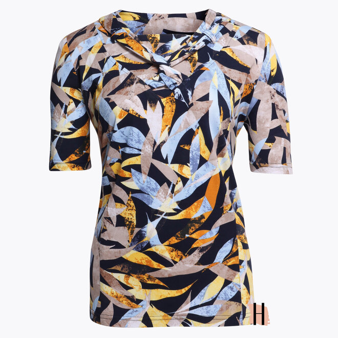 Shirt met Grafische Print en Halsdetail in Marine Blauw en Geel