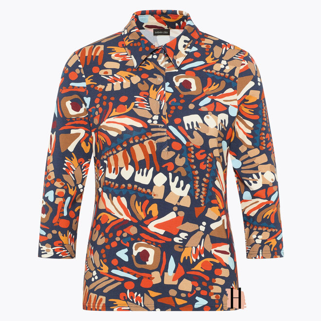 Polo met Grafische Print in Oranje, Bruin en Marine