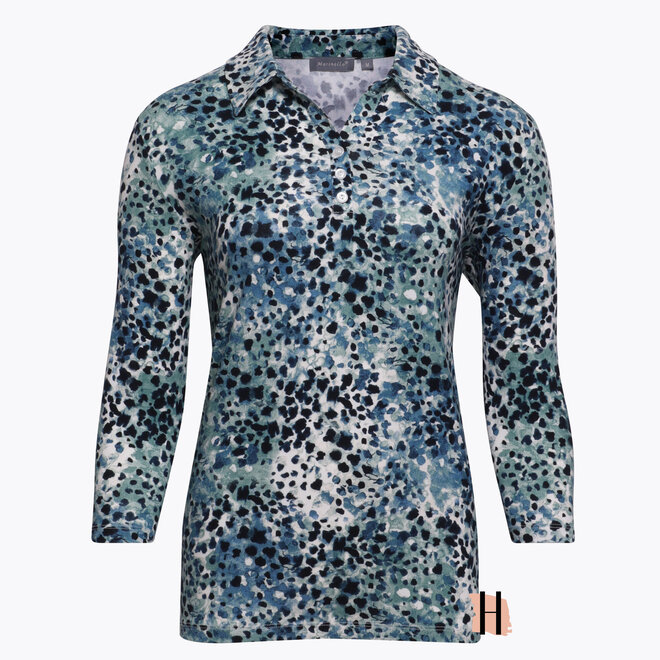 Polo met Driekwarts Mouwen en Print in Zeegroen en Jeans Blauw