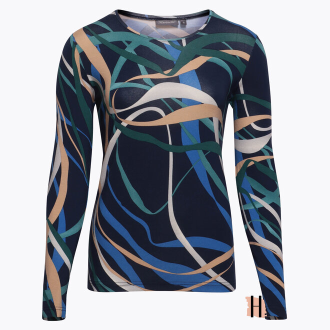 Donkerblauw Shirt met Lange Mouwen en Swirls in Groen, Blauw en Beige