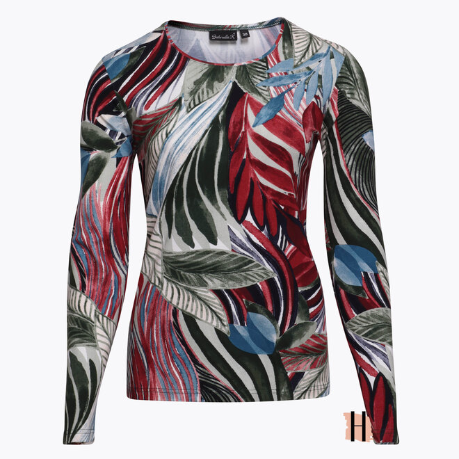 Shirt met Print van Geschilderde Bladeren in Donkerrood en Mosgroen