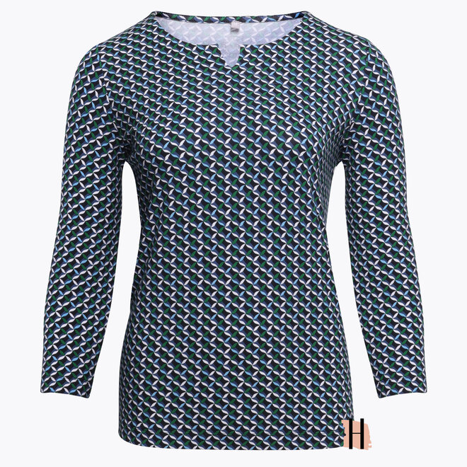Donkerblauw Shirt met Driekwarts Mouwen en All-Over Dessin met Groene Accenten