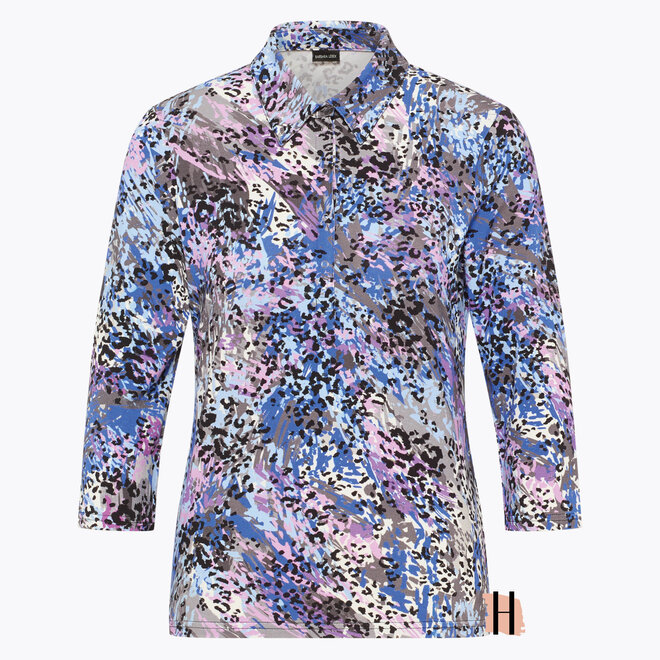 Polo met Rits, Paars Blauw Dessin en 3/4 Mouwen