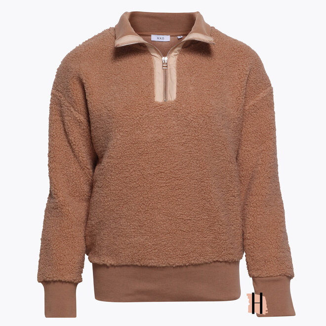 Teddy Trui met Col en Gouden Rits in Camel Kleur
