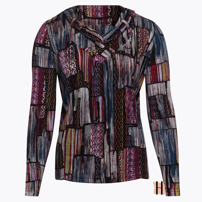 Shirt met Halsdetail en Multicolor Patchwork Print