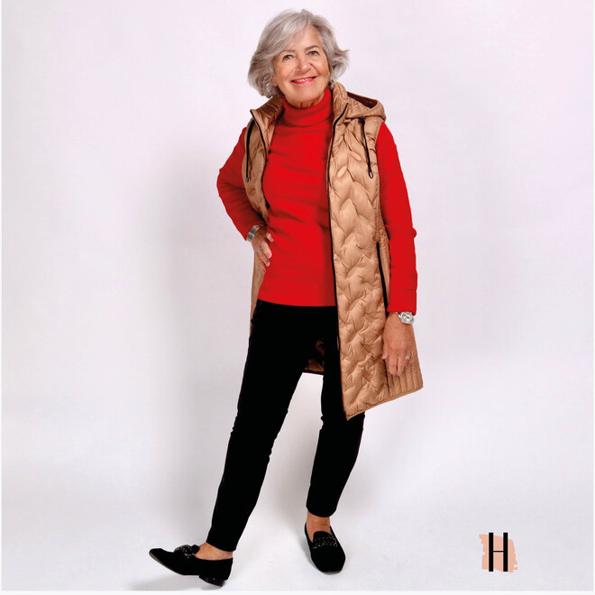 Lange Bodywarmer met Capuchon in Camelkleur