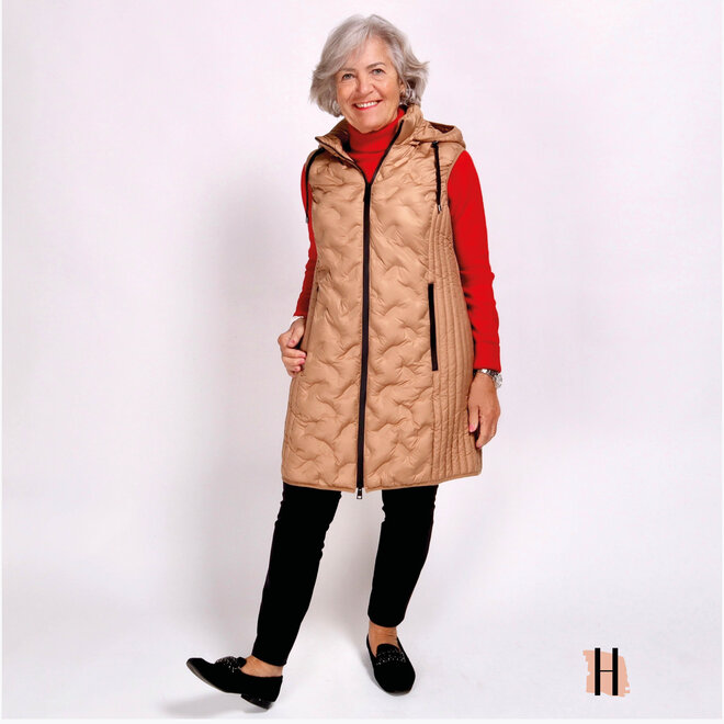 Lange Bodywarmer met Capuchon in Camelkleur
