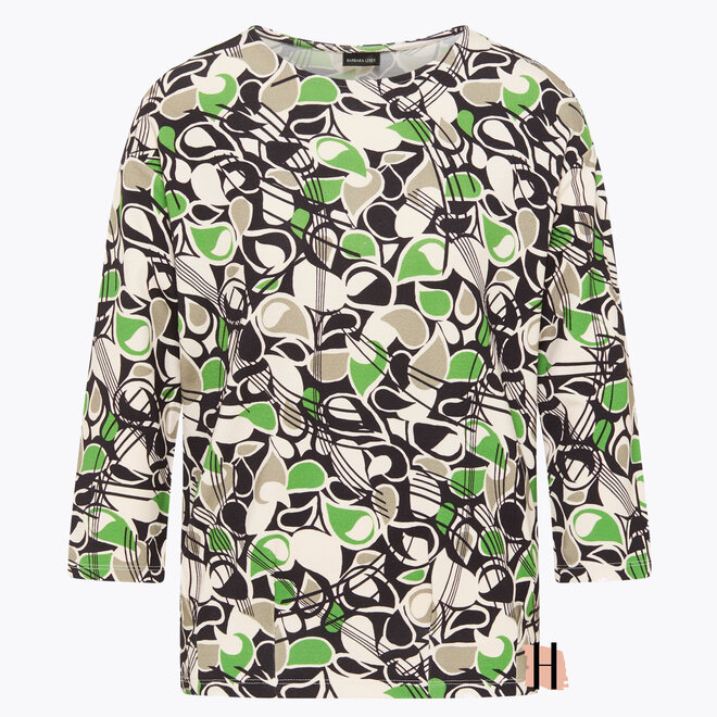 Shirt met Vintage Print in Groen en Bruin en 3/4 Mouwen