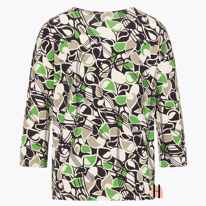 Shirt met Vintage Print in Groen en Bruin en 3/4 Mouwen