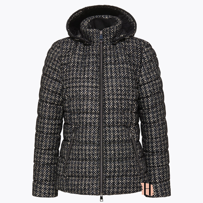 Winterjas Met Visgraat Patroon en Afneembare Capuchon in Zwart/Wit
