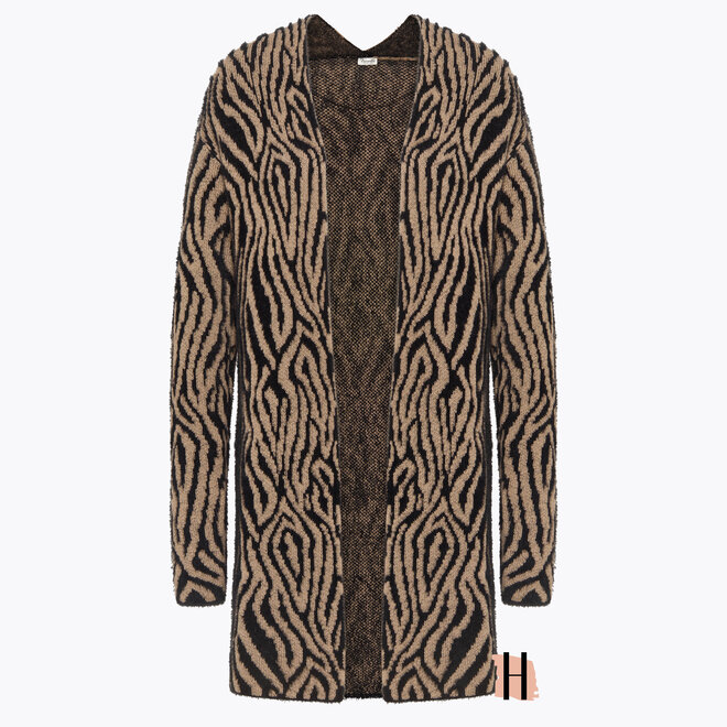 Lang Warm Vest met Animal Print in Zwart en Beige