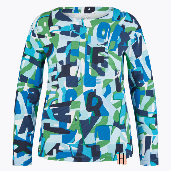 Gekleurd Ribbel Truitje met Grafisch Dessin in Groen en Blauw