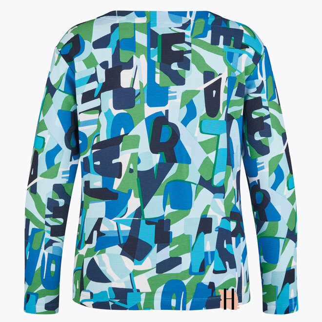 Gekleurd Ribbel Truitje met Grafisch Dessin in Groen en Blauw