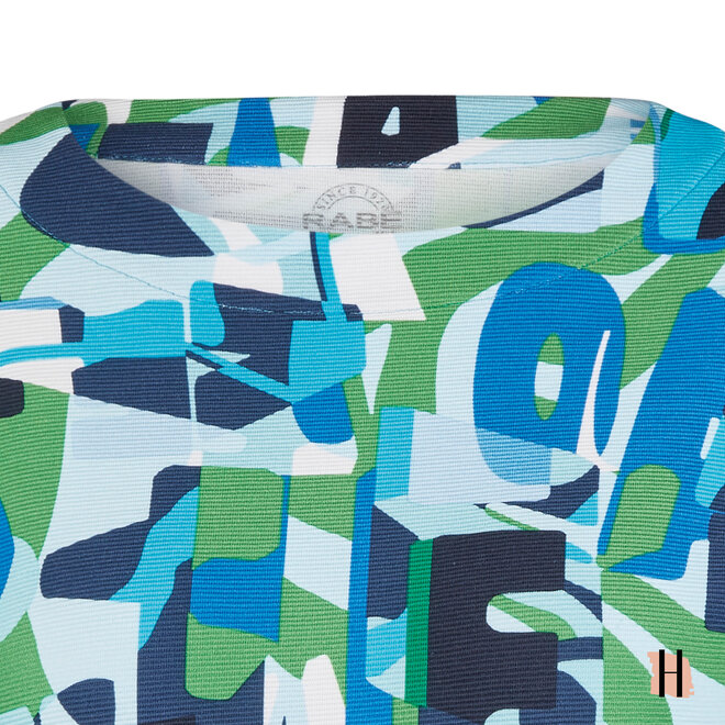 Gekleurd Ribbel Truitje met Grafisch Dessin in Groen en Blauw