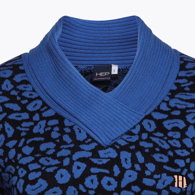 Trui met Omslagkraag met Gebreid Panter Patroon in Blauw en Zwart