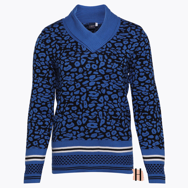 Trui met Omslagkraag met Gebreid Panter Patroon in Blauw en Zwart