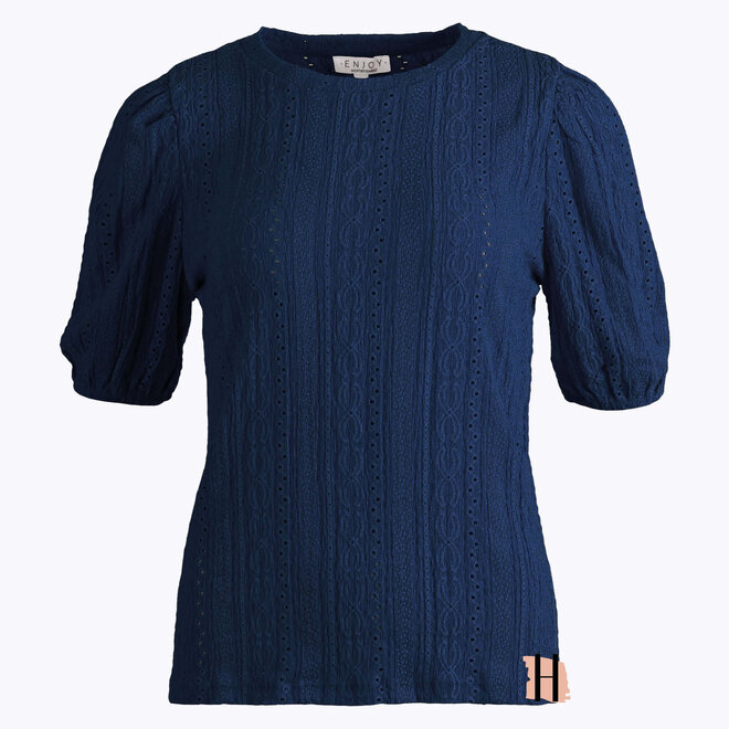 T-Shirt van Broderie Stof en Korte Pofmouwen in Indigo