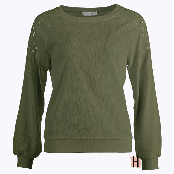 Shirt Uni met Opengewerkte Lange Mouwen in Khaki