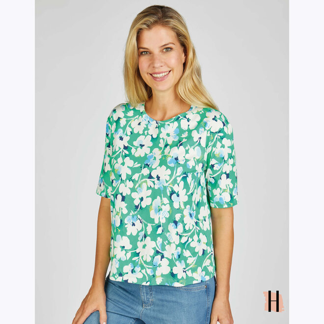 T-Shirt met Bloemen in Groen en Wit