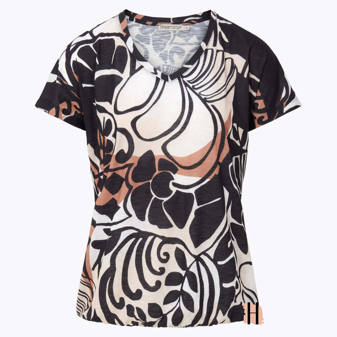 T-Shirt Blouson met Zomers Dessin "Meggy" in Mokka Mix