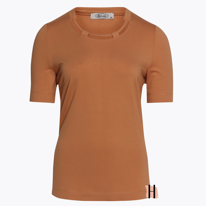 Effen T-Shirt met Halsdetail in Camelkleur