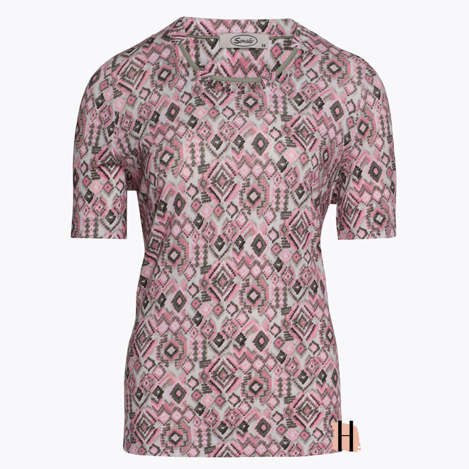 Gedessineerd T-Shirt met Halsdetail in Roze en Kaki