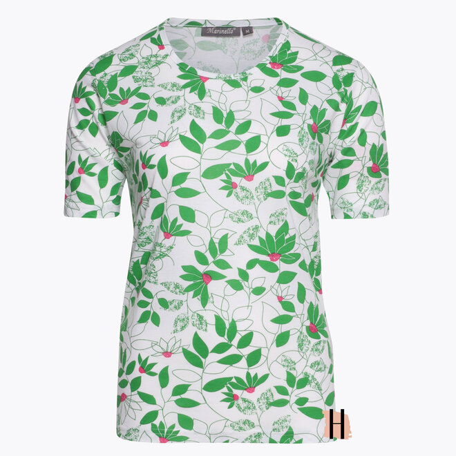 T-Shirt met Witte Basis en Groen en Roze Opdruk