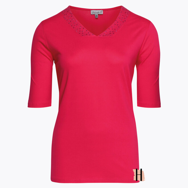 Effen T-Shirt met Versierde Strass Hals in Roze