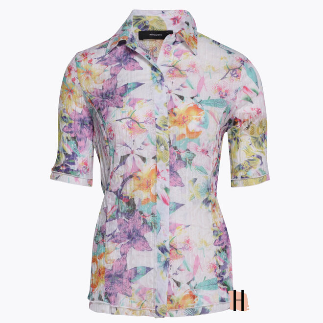 Doorknoop Blouse met Print in Zomer Thema met Lila Bloemen