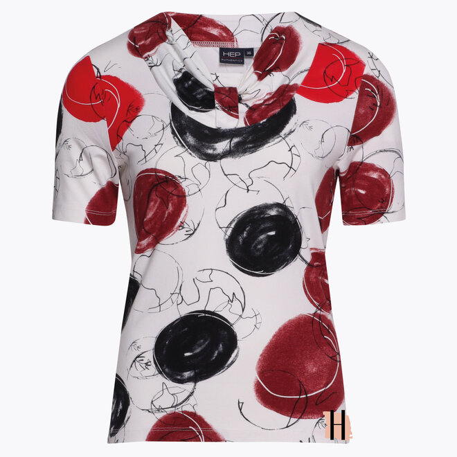 T-Shirt Viscose Mix met Halsdetail en Bollen Dessin in Rood, Bordeaux en Zwart