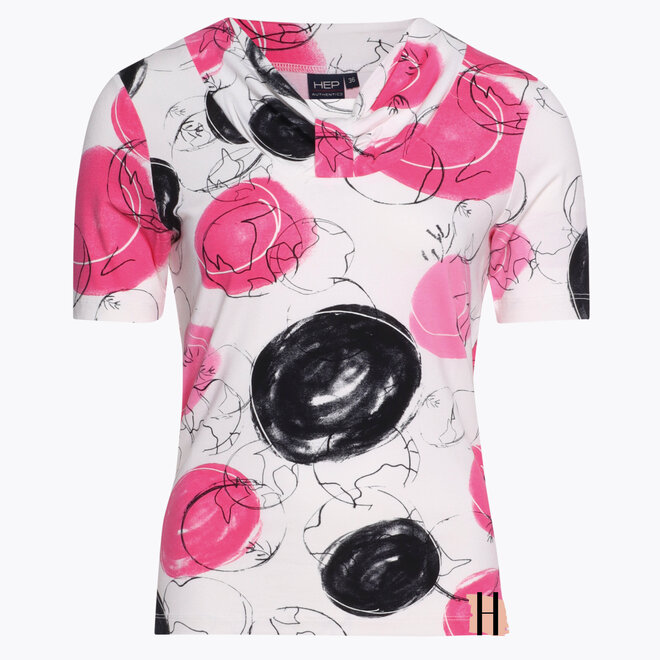 T-Shirt Viscose Mix met Halsdetail en Bollen Dessin in Roze en Zwart