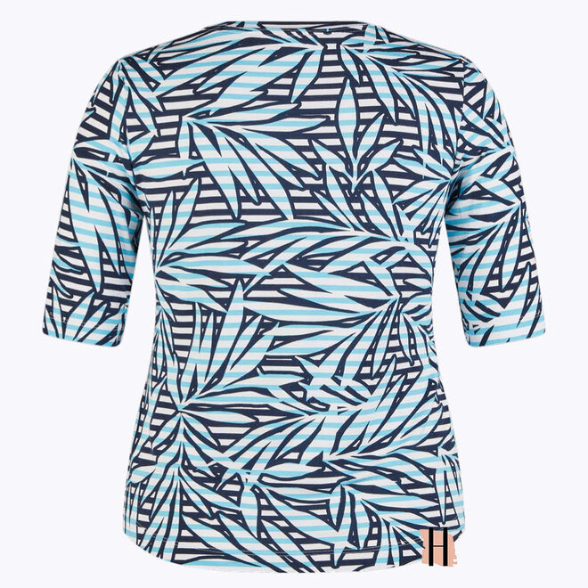 T-Shirt met Print van Bladeren en Strepen in Azur en Marine Blauw