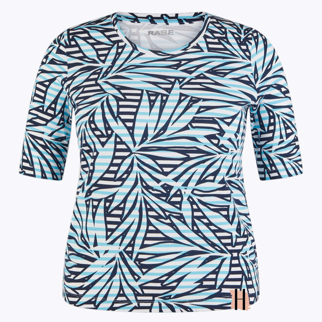 T-Shirt met Print van Bladeren en Strepen in Azur en Marine Blauw