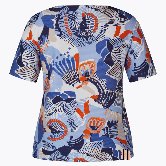 T-Shirt van Ribbelstof en Dessin in Oranje en Blauw