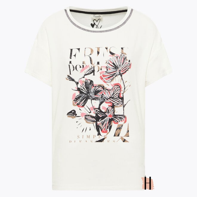T-Shirt met Opdruk van Bloemen en Tekst