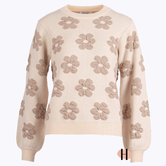 Ecru Trui met Beige Bloemen Print