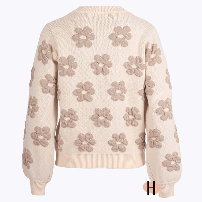 Ecru Trui met Beige Bloemen Print