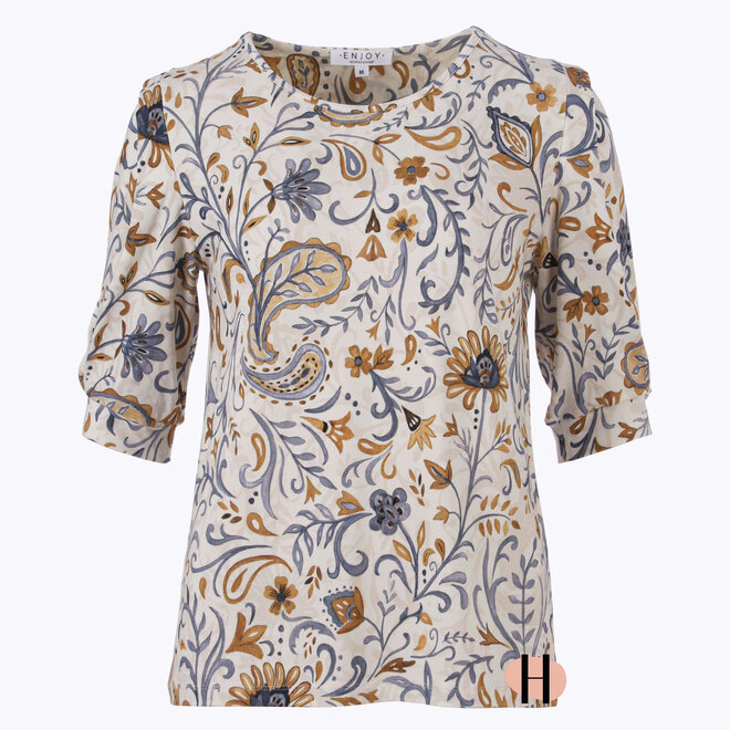 T-Shirt met Oker en Blauwe Bloemen