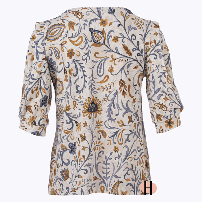 T-Shirt met Oker en Blauwe Bloemen