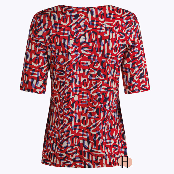 T-Shirt met Rood,  Ecru en Blauw Dessin