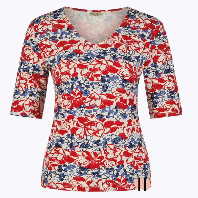 T-Shirt met Blauw/ Rode Bloemenprint