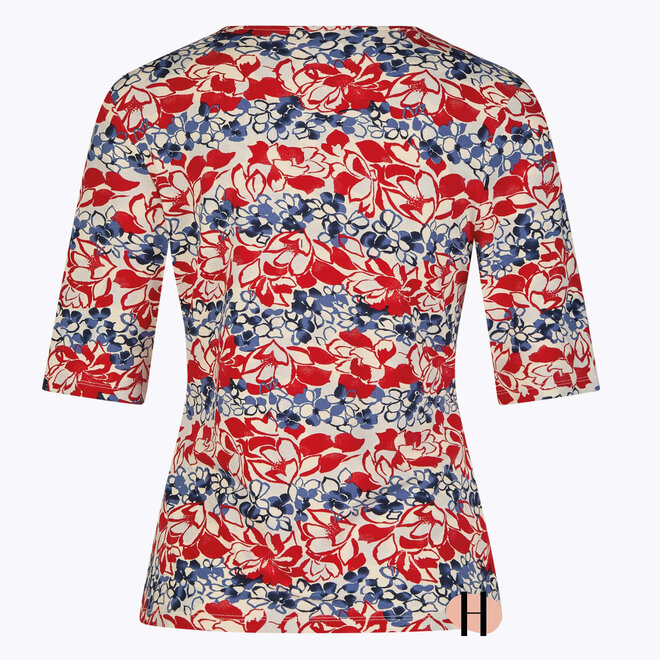 T-Shirt met T-Shirt met Blauw/ Rode Bloemenprint/ Rode Bloemenprint