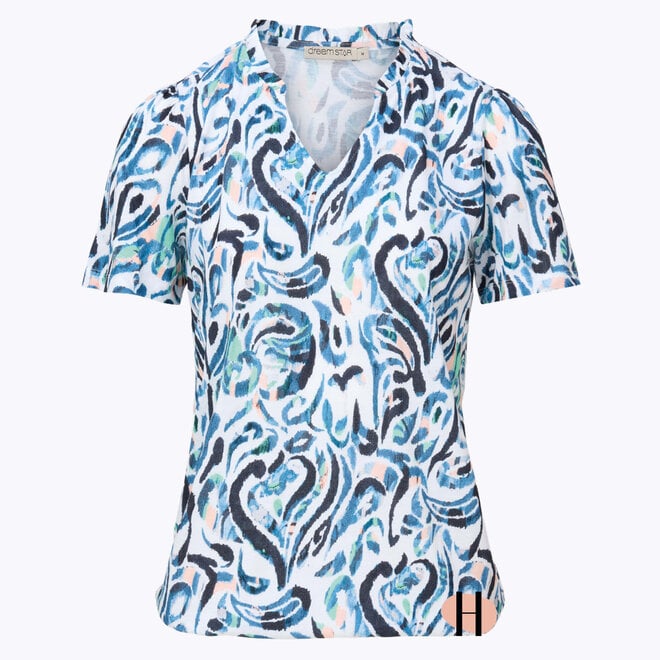 Blouson Korte Mouw met Randje Ruches "Parish" Indigo Mix