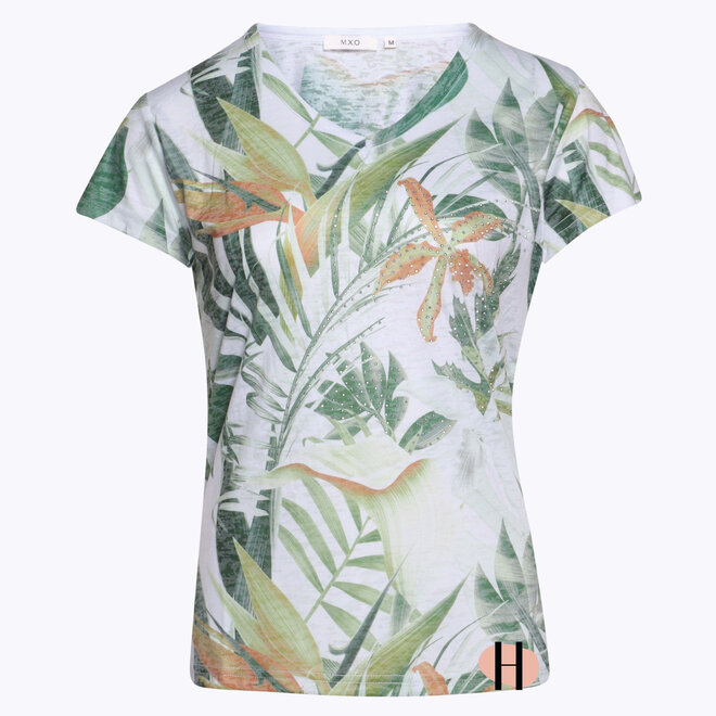 Luchtig T-Shirt met Khaki Groene Print en Strass