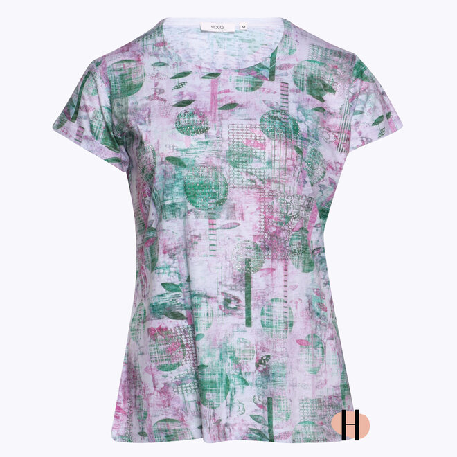 Luchtig T-Shirt met Felroze en Groene Print en Strass