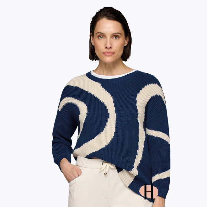 Trui met Gebreid Dessin in Marine Blauw en Zand