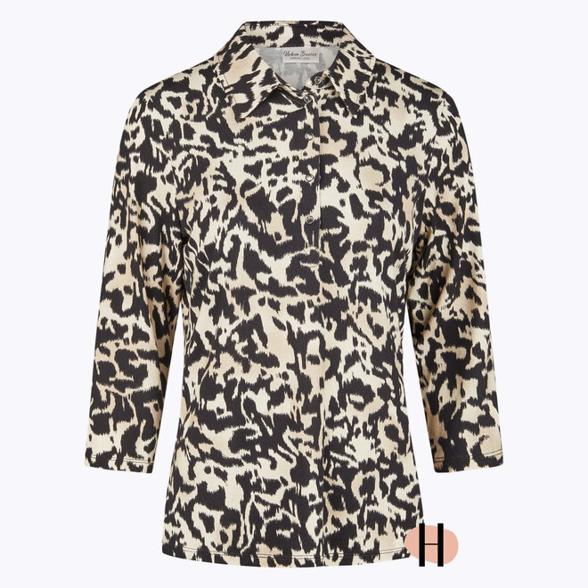 Poloshirt met Beige/ Zwarte Print en Drukknoopjes