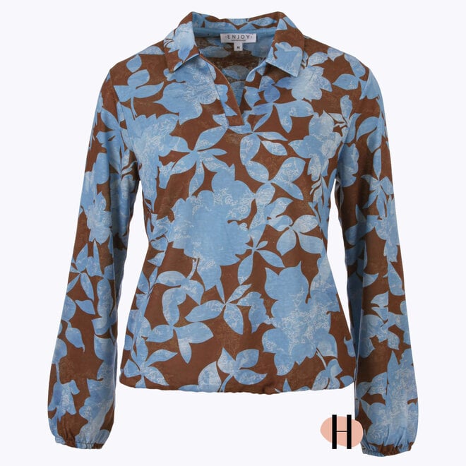 Blouson met Polokraag in met Bruin/ Blauwe Bloemenprint